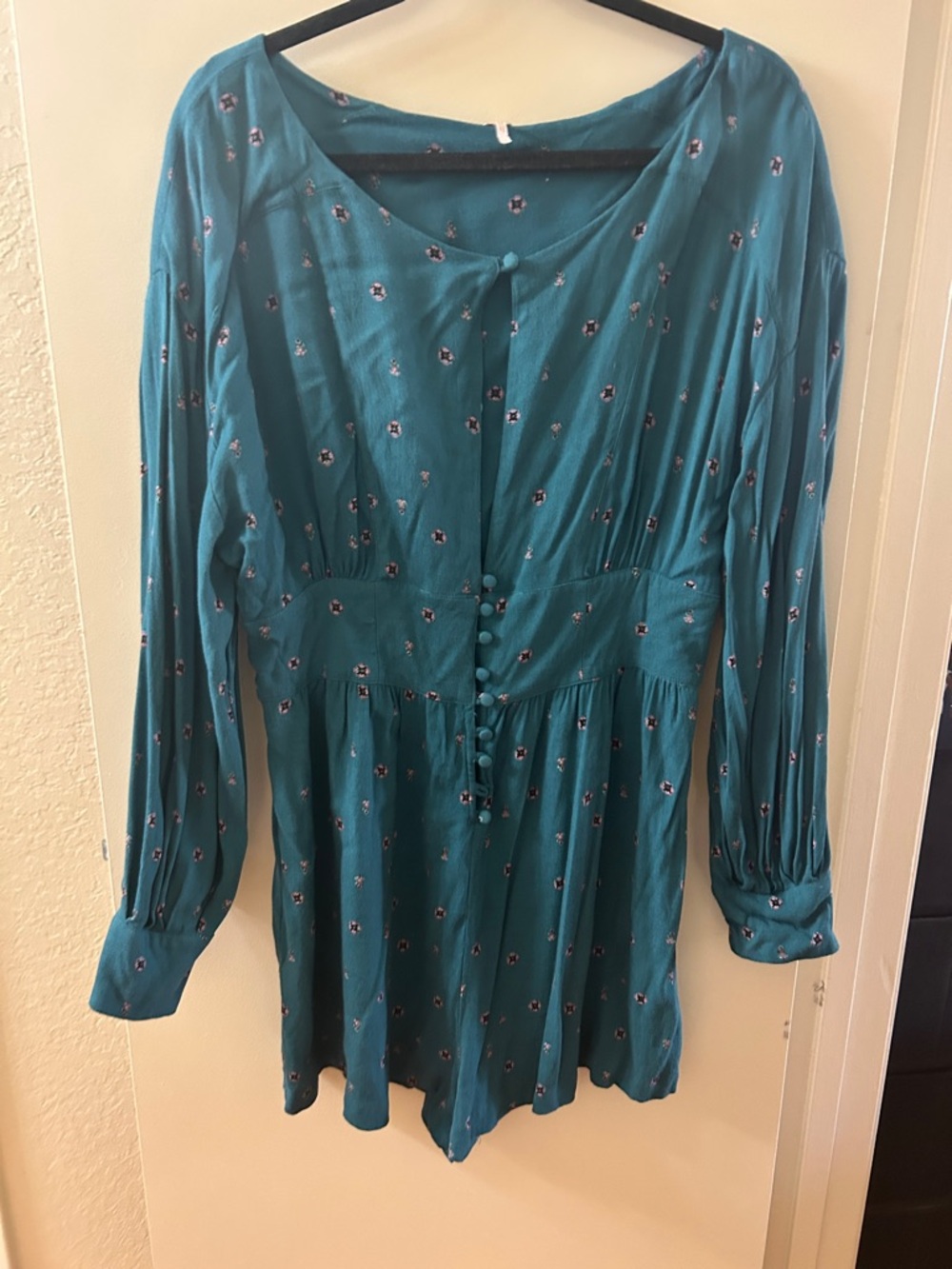 Free People Teal Floral Long-Sleeve Romper